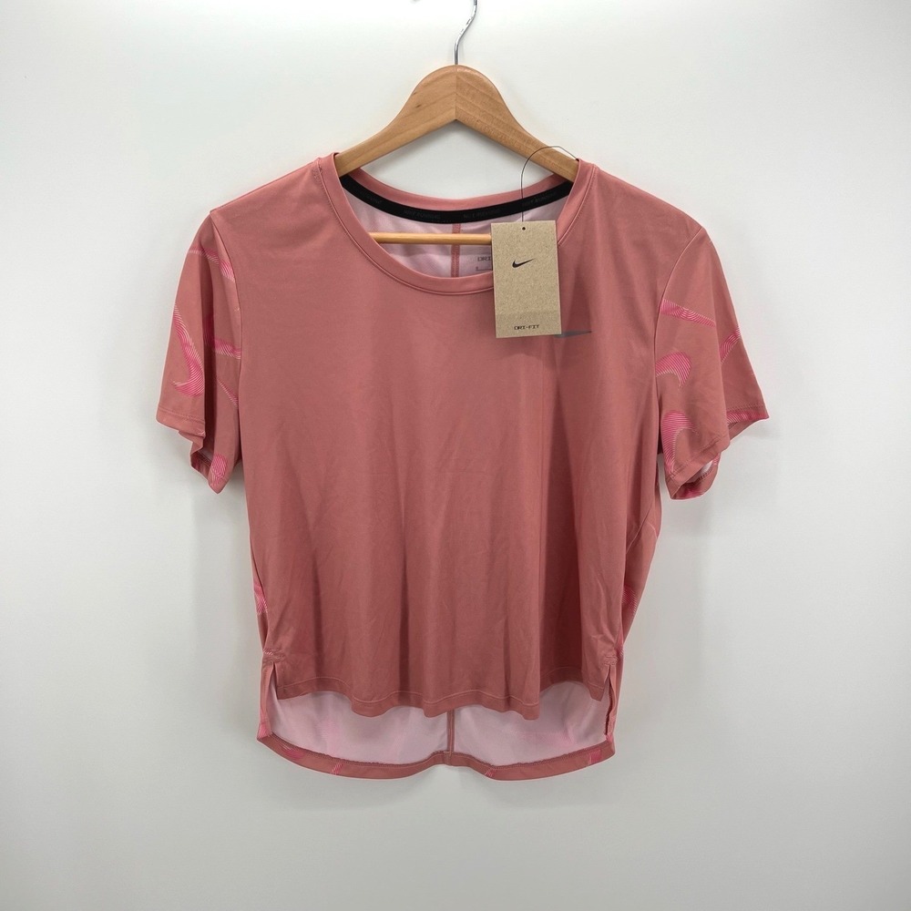 Nike Dri-FIT Running Shirt Womens Small Pink Swoosh Graphic Athletic Tee NEW